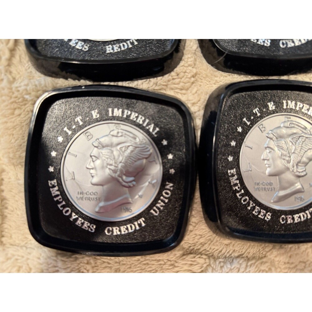 6 Piece Vintage Plastic Coin Medallion Credit Union Coaster Set - Picture 5 of 5